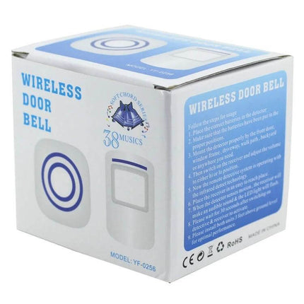 Wireless PIR Infrared Doorbell Alarm Detector for Home and Office white wireless doorbell box showing chime unit and button