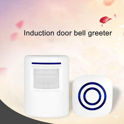 Wireless PIR Infrared Doorbell Alarm Detector for Home and Office white PIR sensor and chime unit shown as induction door bell greeter