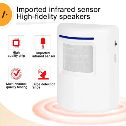 Wireless PIR Infrared Doorbell Alarm Detector for Home and Office white wireless PIR motion door sensor showing imported infrared sensor and high-fidelity speakers