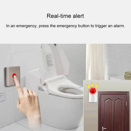 Wireless Emergency Call Button for Bathroom Assistance mounted near toilet showing finger pressing button to trigger 120-decibel alarm and alert caregivers