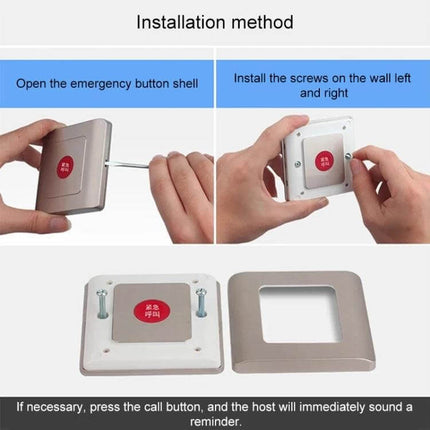 Wireless Emergency Call Button for Bathroom Assistance showing installation steps with front cover removed and screws being fitted