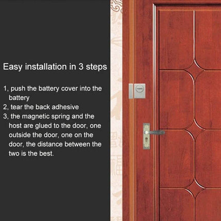 Doberman Wireless Remote Control Door Alarm for Home Security mounted on wooden door showing easy 3-step installation and magnetic sensor placement