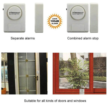 Doberman Wireless Remote Control Door Alarm for Home Security shown on doors and windows with 100dB loud wireless sensor