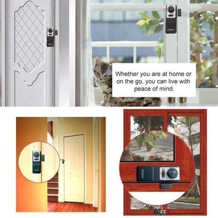 Doberman Wireless Remote Control Door Alarm for Home Security mounted on interior door and window showing 100dB alert for home protection