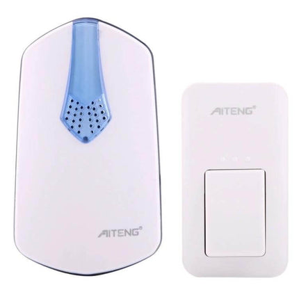 AITENG Battery-Free Wireless Doorbell for Effortless Home Notifications white receiver and kinetic push button showing compact waterproof design