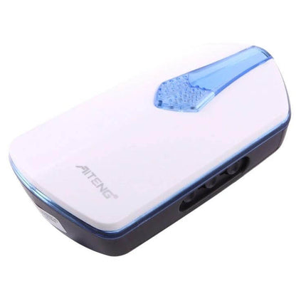 AITENG Battery-Free Wireless Doorbell for Effortless Home Notifications showing white and blue kinetic-powered door chime unit