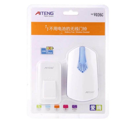 AITENG Battery-Free Wireless Doorbell for Effortless Home Notifications in white packaged set showing button and chime unit