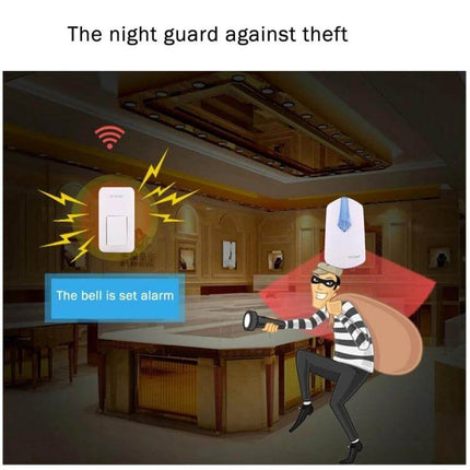 AITENG Battery-Free Wireless Doorbell for Effortless Home Notifications showing kinetic button triggering alarm and alerting against intruders