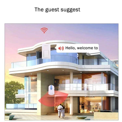 AITENG Battery-Free Wireless Doorbell for Effortless Home Notifications installed on modern house exterior showing visitor greeting and wireless signal