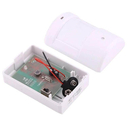 Wireless Motion Sensor Kit for Home Security Detection - white PIR sensor with open battery compartment and receiver circuit board