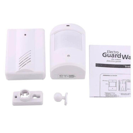 Wireless Motion Sensor Kit for Home Security Detection white sensor and receiver with mounting hardware and instruction manual