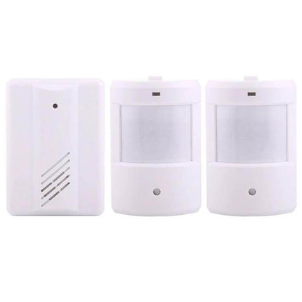 Wireless Home Security System with Motion Detectors showing two white infrared motion sensors and a wireless receiver for home monitoring