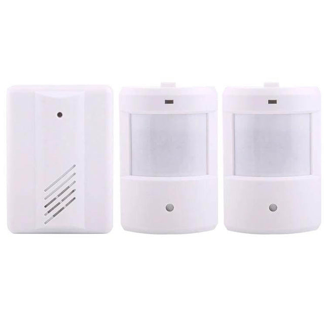 Wireless Home Security System with Motion Detectors showing two white infrared motion sensors and a wireless receiver for home monitoring