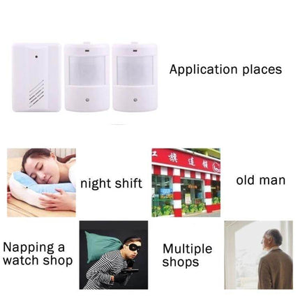 Wireless Home Security System with Motion Detectors white PIR sensors and receiver showing application examples for home, shops, and night monitoring