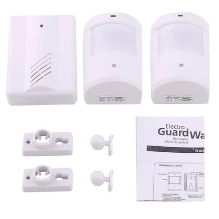 Wireless Home Security System with Motion Detectors white motion sensors, receiver and mounting accessories for home monitoring