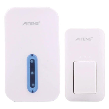 AITENG Battery-Free Waterproof Wireless Doorbell for Home Entry showing white kinetic push button and matching waterproof chime unit for front door