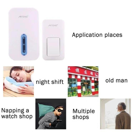 AITENG Battery-Free Waterproof Wireless Doorbell for Home Entry showing white waterproof chime and button with application examples for home and shops