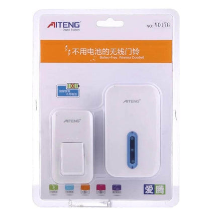 AITENG Battery-Free Waterproof Wireless Doorbell for Home Entry in retail packaging showing push button transmitter and indoor chime unit
