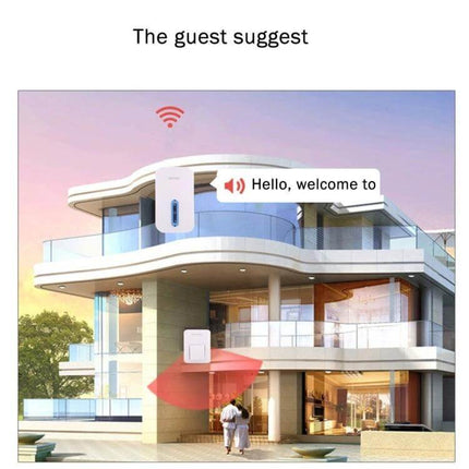 AITENG Battery-Free Waterproof Wireless Doorbell for Home Entry mounted at modern house entrance showing wireless signal and visitor greeting