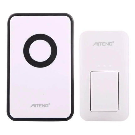 AITENG Battery-Free Wireless Doorbell for Everyday Use showing white receiver and kinetic push-button transmitter