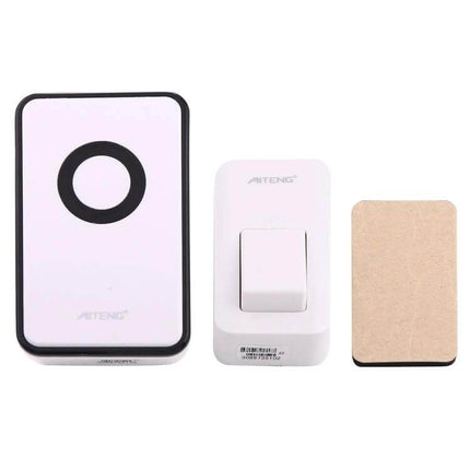 AITENG Battery-Free Wireless Doorbell for Everyday Use showing white chime receiver, kinetic push button transmitter and adhesive pad