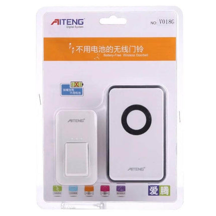 AITENG Battery-Free Wireless Doorbell for Everyday Use in retail packaging showing white button transmitter and receiver