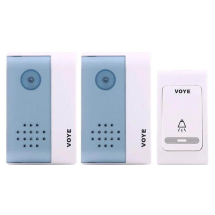 VOYE Wireless Smart Music Home Doorbell with Dual Receiver showing two white-blue receivers and one wireless push button transmitter