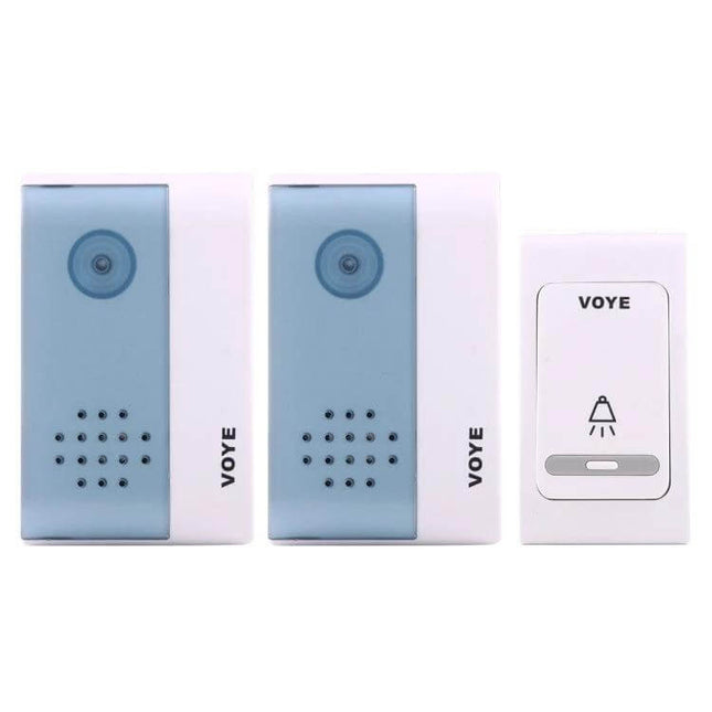 VOYE Wireless Smart Music Home Doorbell with Dual Receiver showing two white-blue receivers and one wireless push button transmitter
