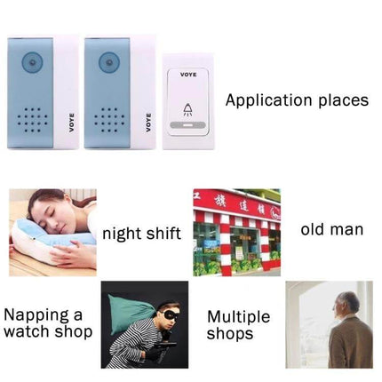 VOYE Wireless Smart Music Home Doorbell with Dual Receiver showing two receivers and a transmitter for home, shop, and noisy environments