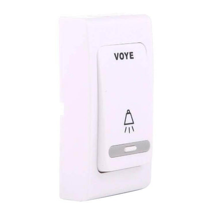 VOYE Wireless Smart Music Home Doorbell with Dual Receiver white wireless push button transmitter with bell icon and LED indicator