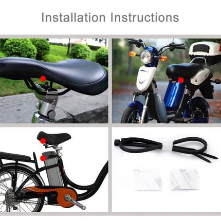 Waterproof Wireless Vibration Alarm for Bicycle Security shown mounted on bike seat post, e-bike and trike with installation accessories