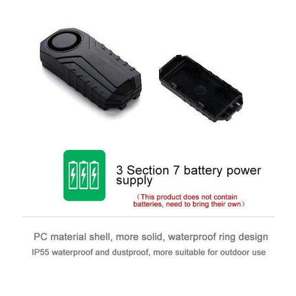 Waterproof Wireless Vibration Alarm for Bicycle Security compact black IP55 alarm with removable cover and 3-section 7 battery power info