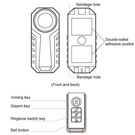 Waterproof Wireless Vibration Alarm for Bicycle Security compact front-and-back diagram with remote control button labels