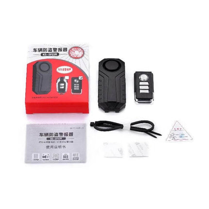 Waterproof Wireless Vibration Alarm for Bicycle Security compact black alarm with remote, mounting accessories and user manual