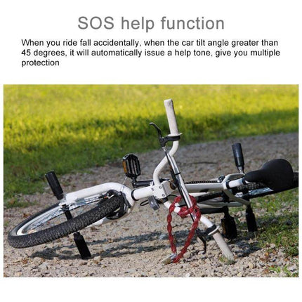 Waterproof Wireless Vibration Alarm for Bicycle Security attached to fallen white bike on gravel showing SOS help function