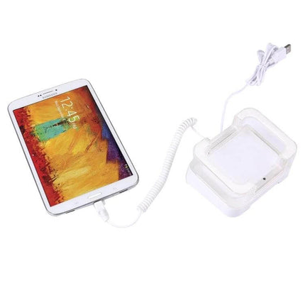 Anti-Theft Alarm Display Stand for Tablets and Devices secured white tablet display with coiled alarm cable