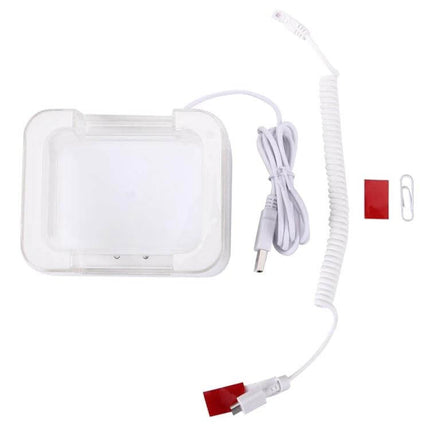 Anti-Theft Alarm Display Stand for Tablets and Devices clear retail display with coiled security cable and USB cable