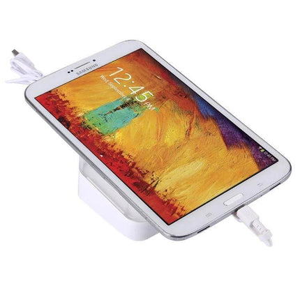 Anti-Theft Alarm Display Stand for Tablets and Devices showing a tablet secured with alarm cable on retail demo stand