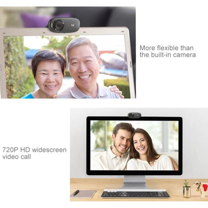 Logitech HD Webcam for Clear Video Calls and Audio Calls on laptop and desktop showing 720P HD video call with noise-canceling mic