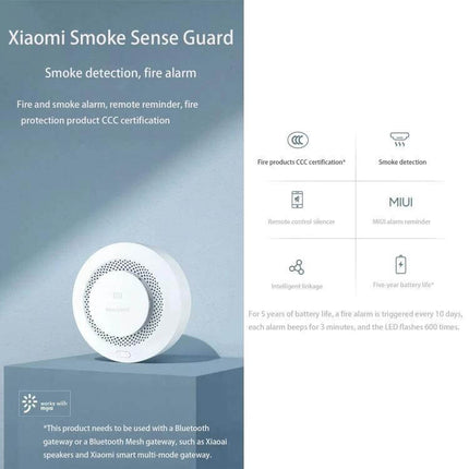 Xiaomi Honeywell Battery-Operated Smoke Detector for Home Safety white ceiling smoke and CO alarm shown mounted on shelf with features list