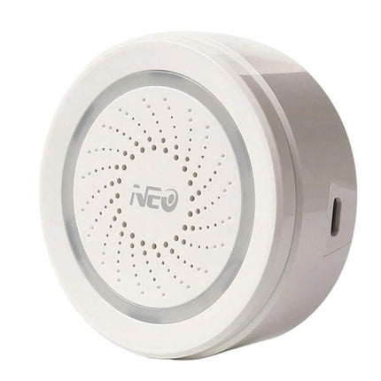 NEO Wireless WiFi USB Siren Alarm for Home Security white round USB-powered smart siren with app control and multiple alert tones