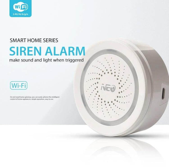 NEO Wireless WiFi USB Siren Alarm for Home Security compact white smart siren with app control and multiple sounds