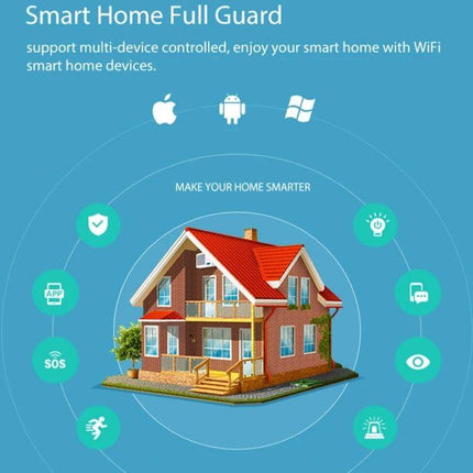 NEO Wireless WiFi USB Siren Alarm for Home Security installed in smart home diagram showing app control and multi-device connectivity
