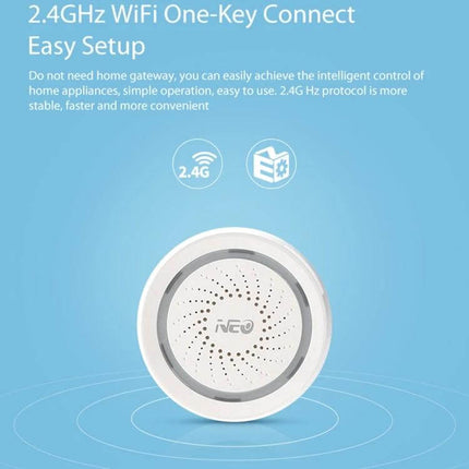 NEO Wireless WiFi USB Siren Alarm for Home Security - white round wireless 2.4GHz USB siren with app control, easy one-key setup