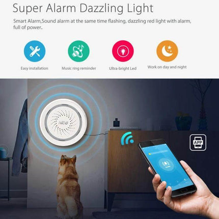 NEO Wireless WiFi USB Siren Alarm for Home Security mounted on wall with app control, dazzling LED light and loud siren deterring intruders