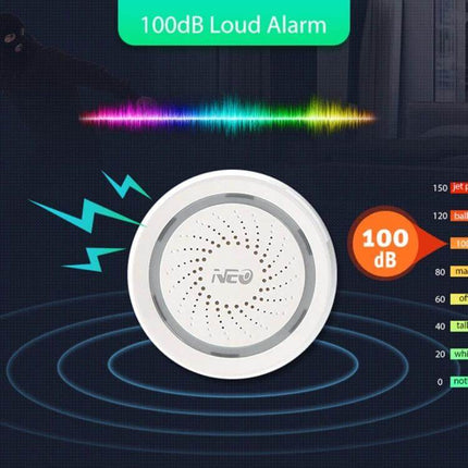 NEO Wireless WiFi USB Siren Alarm for Home Security — white 100dB wireless USB siren with app control, loud deterrent for home and apartment security