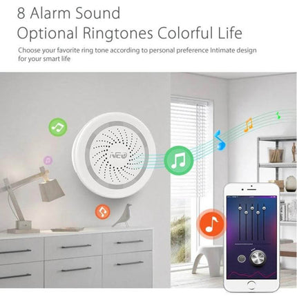 NEO Wireless WiFi USB Siren Alarm for Home Security mounted in living room with smartphone app showing multiple ringtones