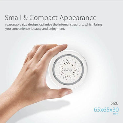 NEO Wireless WiFi USB Siren Alarm for Home Security - compact white circular siren held in hand, size 65x65x30mm, small & compact appearance