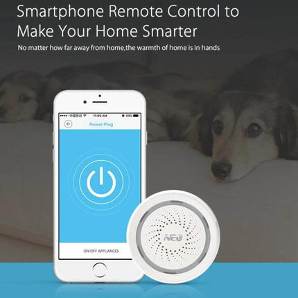 NEO Wireless WiFi USB Siren Alarm for Home Security smartphone app remote control shows siren and phone with power icon