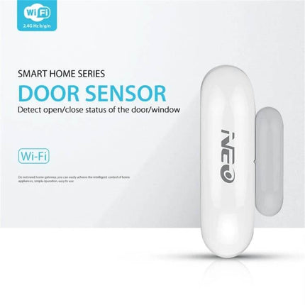 NEO Wireless WiFi Real-Time LED Door and Window Sensor shown mounted next to a window with WiFi connectivity and LED indicator